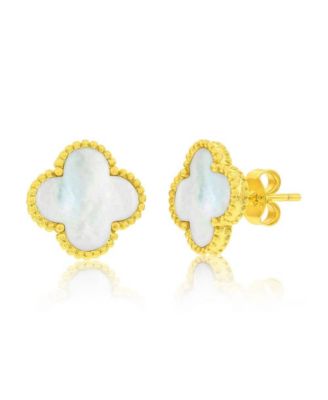 Sterling Silver, Mother of Pearl Clover, Beaded Outline Studs