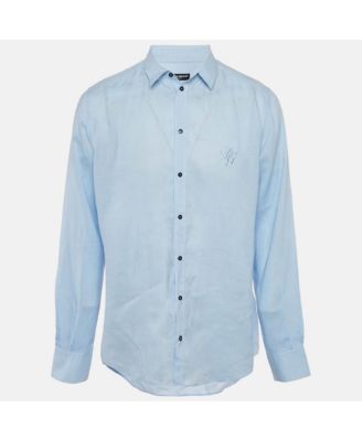 Men's Blue Linen Logo Embroidered Shirt
