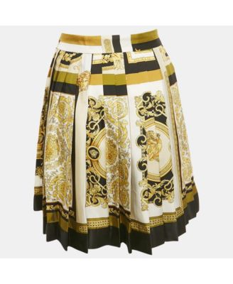 Women's Yellow/black Barocco Print Silk Pleated Mini Skirt