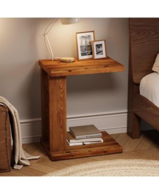 Solid Wood C-Shaped End Table, Wooden Side Table for Sofa, 2-Tier Bedside Nightstand for Living Room, Bedroom