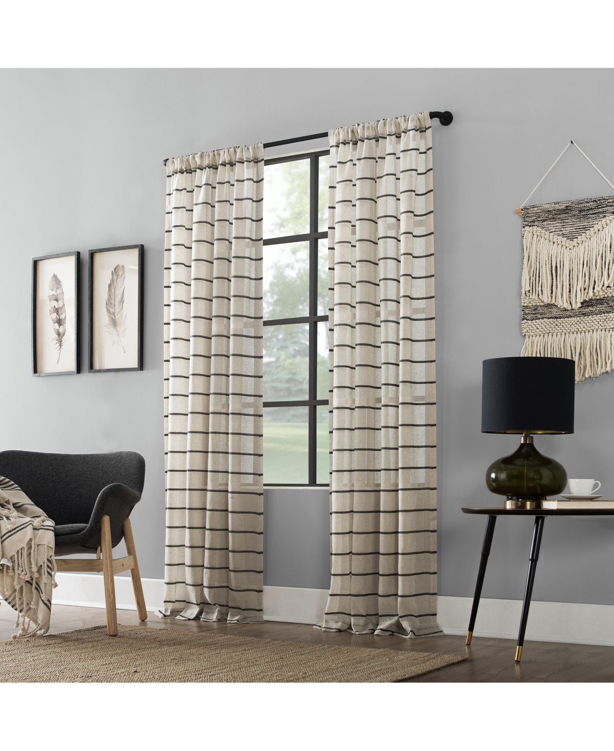 Twill Stripe Anti-Dust Linen Blend Sheer Curtain Panel