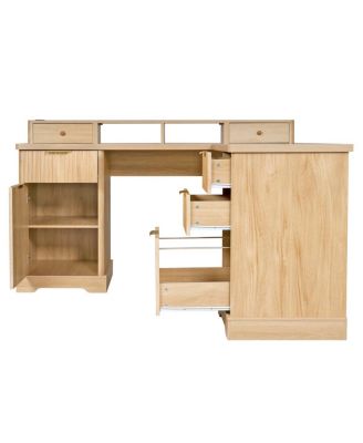  59" Modern Fluted L-Shaped Desk with Charging Station & Storage Cabinet - Oak