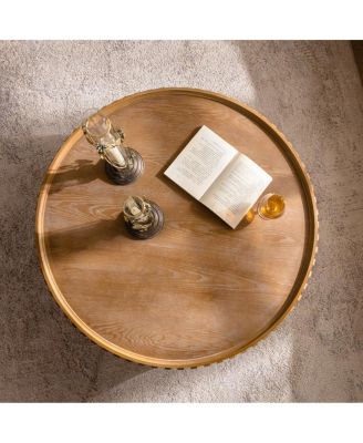  Modern Round Coffee Table - Solid Wood & MDF Moon-Cut Fluted Center Table