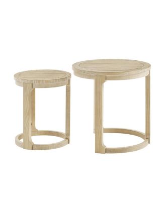  24" 2PC Curved Round Wooden Coffee Table Set, Mid Century Rustic Oak