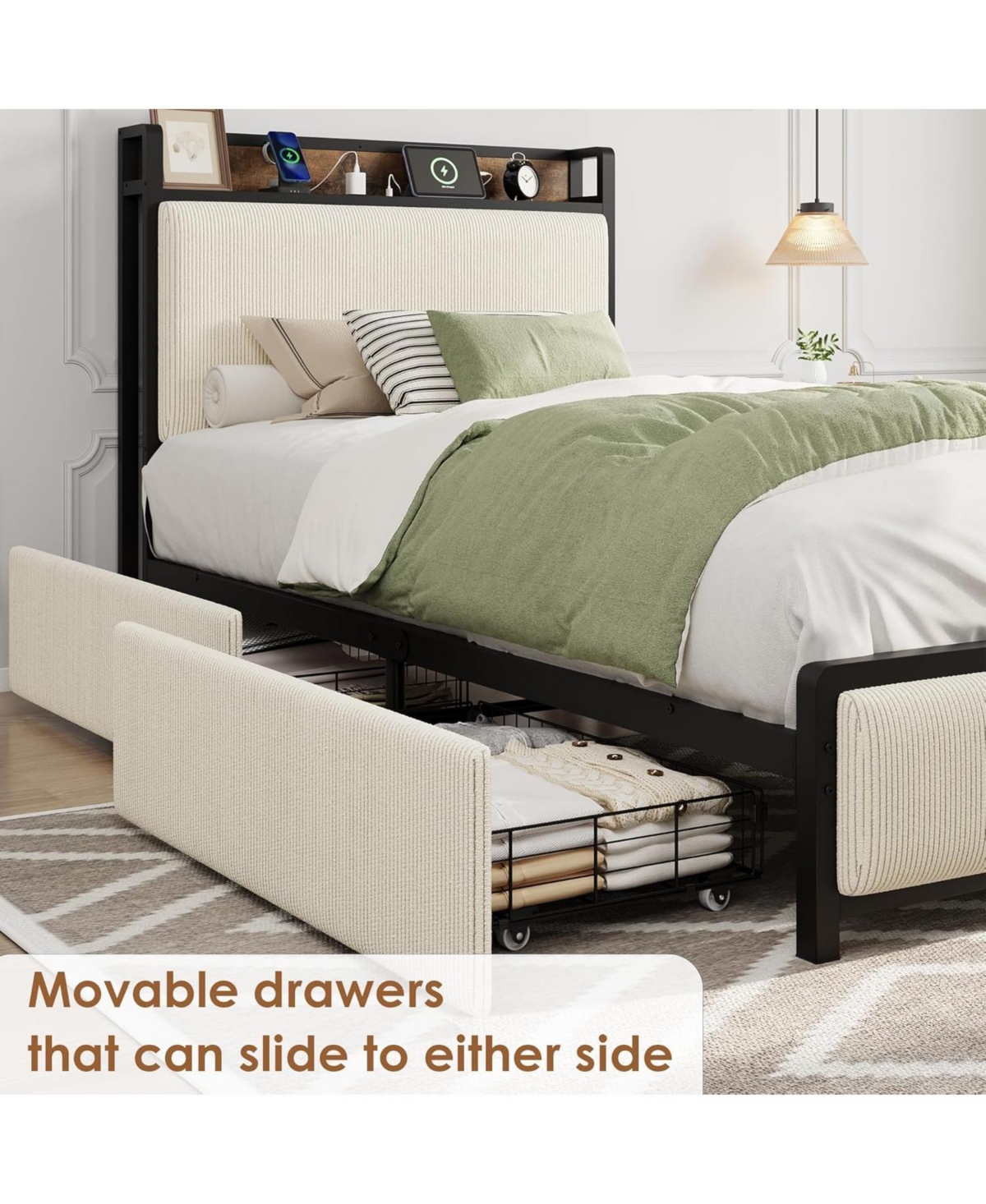 gaomon Twin Size Upholstered Platform Bed Frame with Storage Headboard and Charging Station, Corduroy Fabric Bed with 2 Rolling Drawers