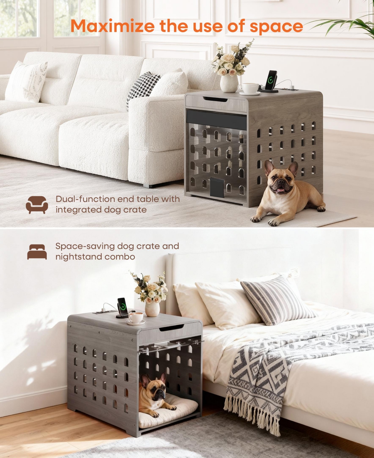 Sugift Dog Crate End Table with Charging Station, Furniture Style Pet Crate Nightstand for Dogs