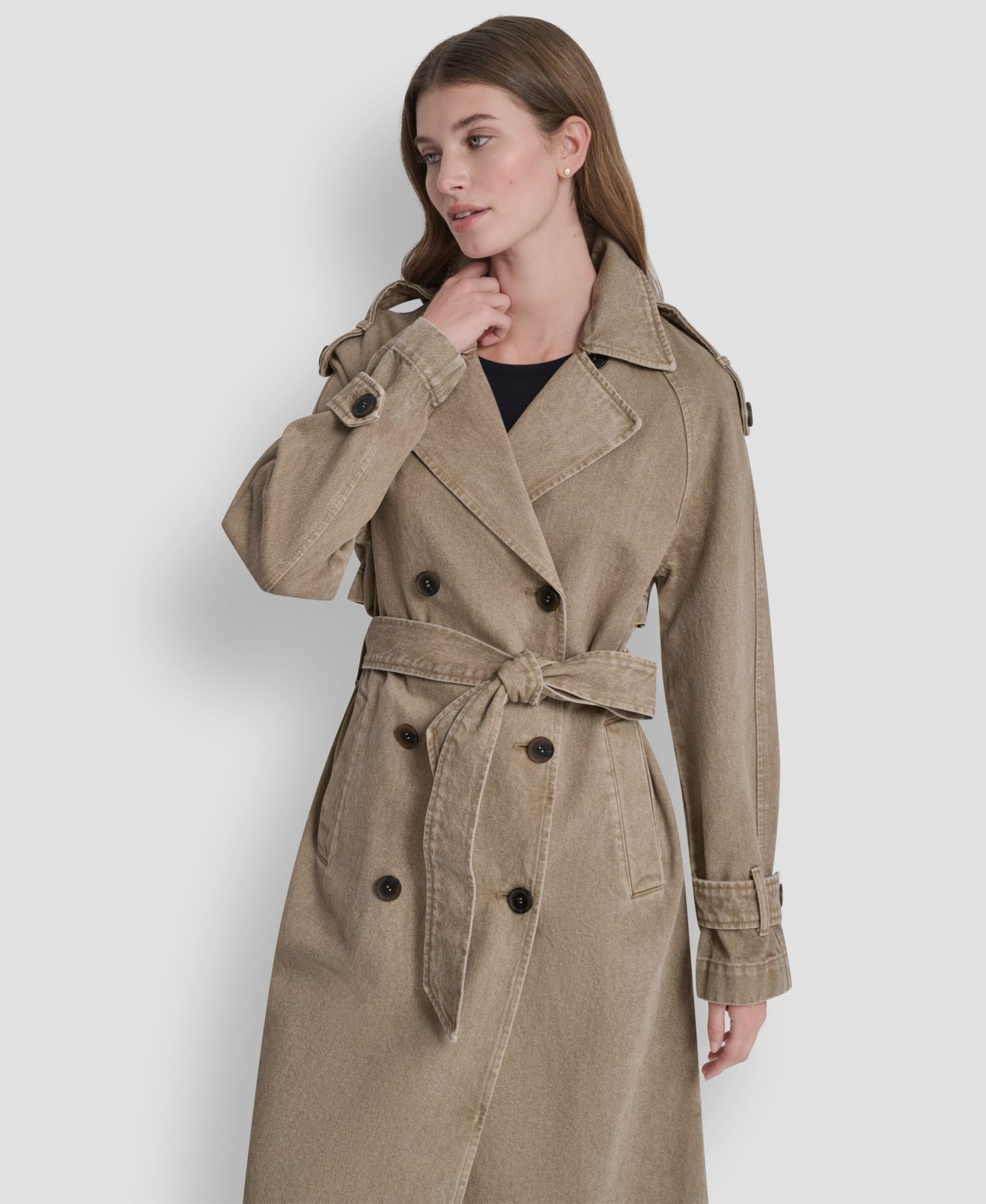Женское пальто DKNY Double Breasted Denim Belted Trench, цвет: Хаки — фото 7