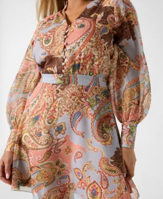 Women's Long-Sleeve Paisley V-Neck Short Dress