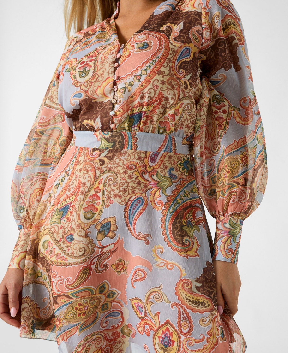 Guess Women's Long-Sleeve Paisley V-Neck Short Dress
