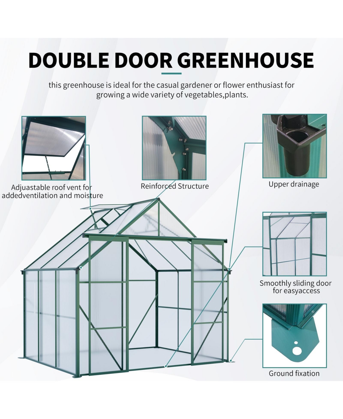 Mondawe 8x6FT Double Door Polycarbonate Greenhouse with Base Anchoring