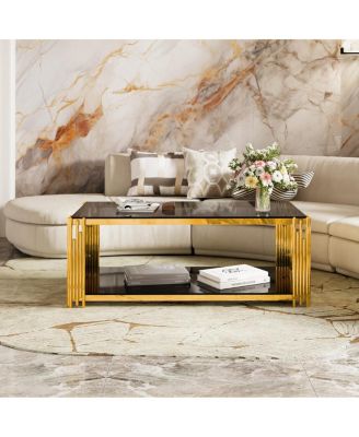 Modern Black Mirror Coffee Table with Gold Finish & Shelf, 47.5