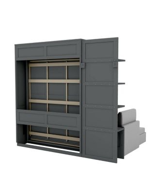 Queen Size Murphy Bed Wall Bed with Sofa and Shelves, Gray