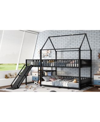 Full Metal House Bunk Bed with Storage Stairs, Slide, Safety Rails