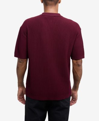 Men's Short Sleeve Vertical Ottoman Camp Collar Button Down Sweater Polo