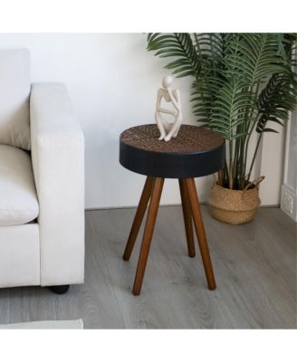 15.7 in. Round Coffee Table with Carved Top – Small Drink Table, Modern Accent Nightstand for Living Room, Bedroom, Office – Easy Assembly