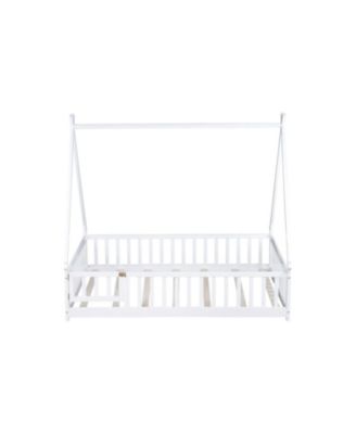 Full Size Rubber Wood Tent-shaped Floor Bed,with Guardrails,Slats and Door