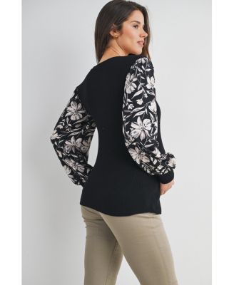Maternity Ribbed Scoop Neck Floral Puff Sleeve Top