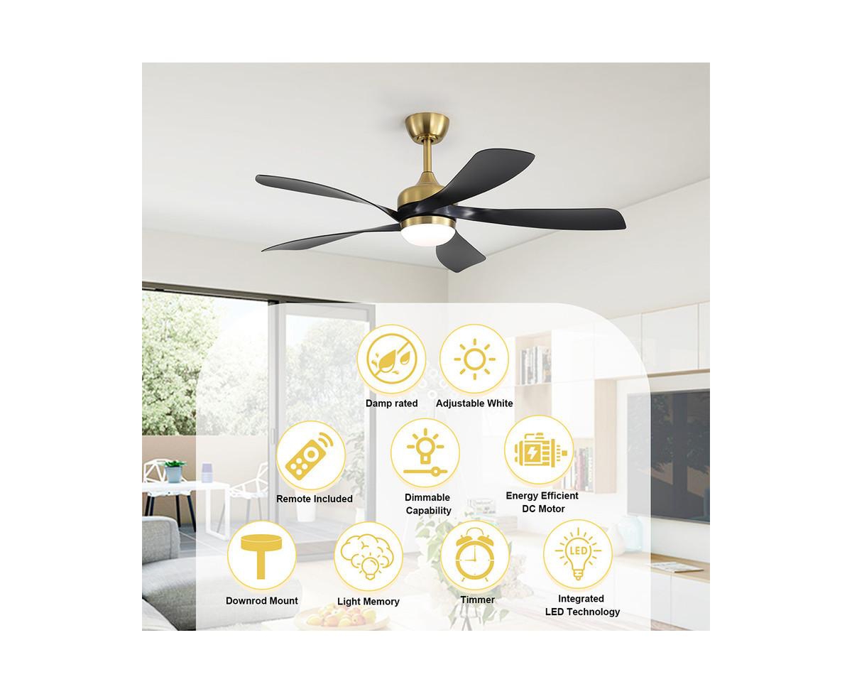 Sofucor 52-inch Modern Gold 5-Blade Ceiling Fan with Led Light and Remote Control