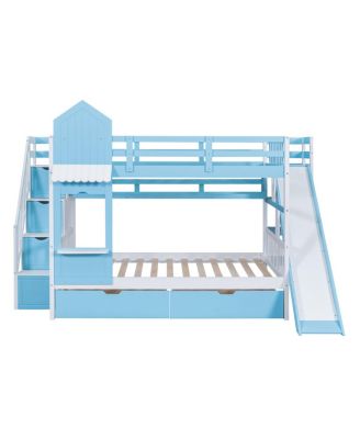  Full-Over-Full Castle Style Bunk Bed with 2 Drawers 3 Shelves and Slide