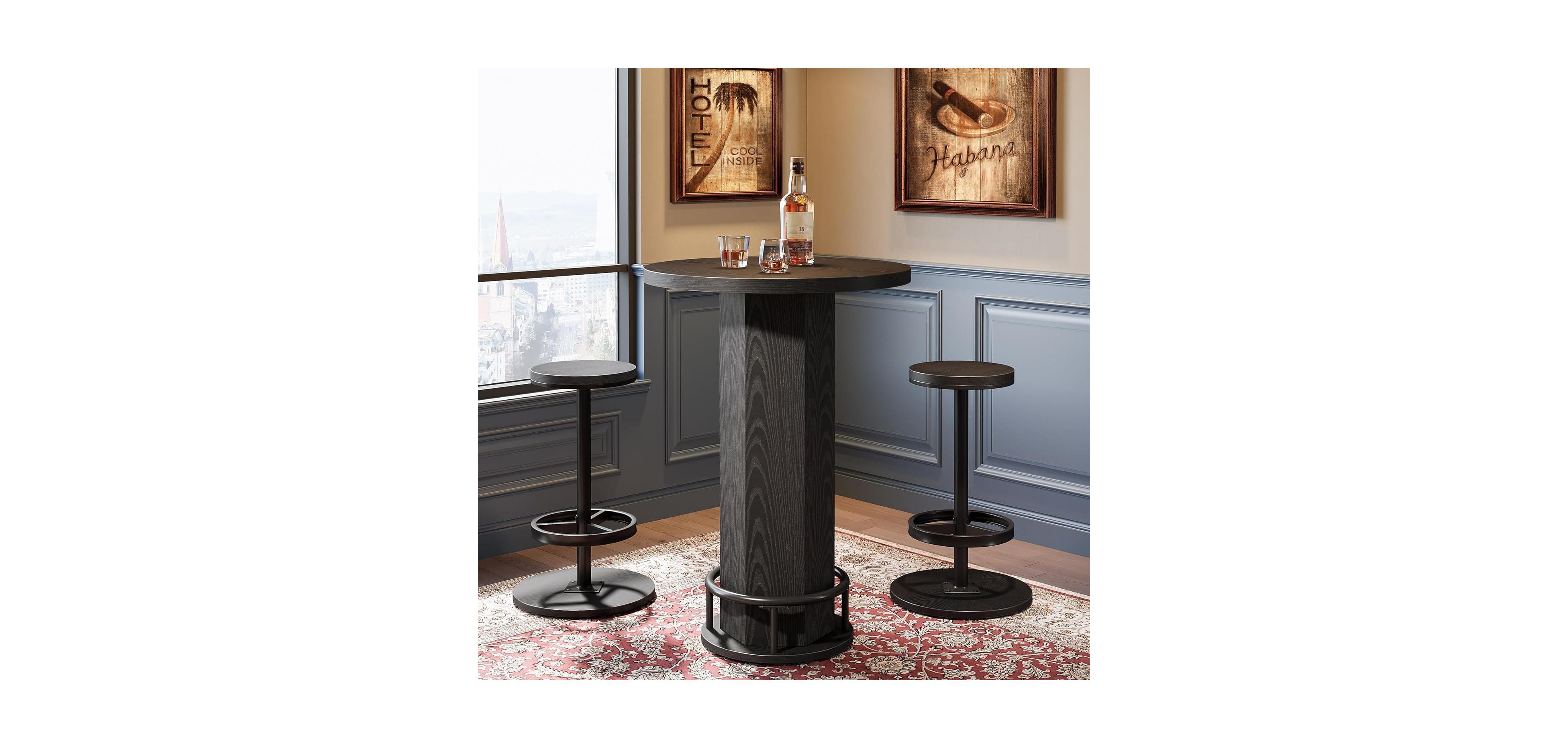 Tribesigns Round Bar Table with 2 Chairs, Industrial Bistro Sets with 2 barstools, Pub Cocktail Table with Metal Ring Footrest for Kitchen Nook, Apart