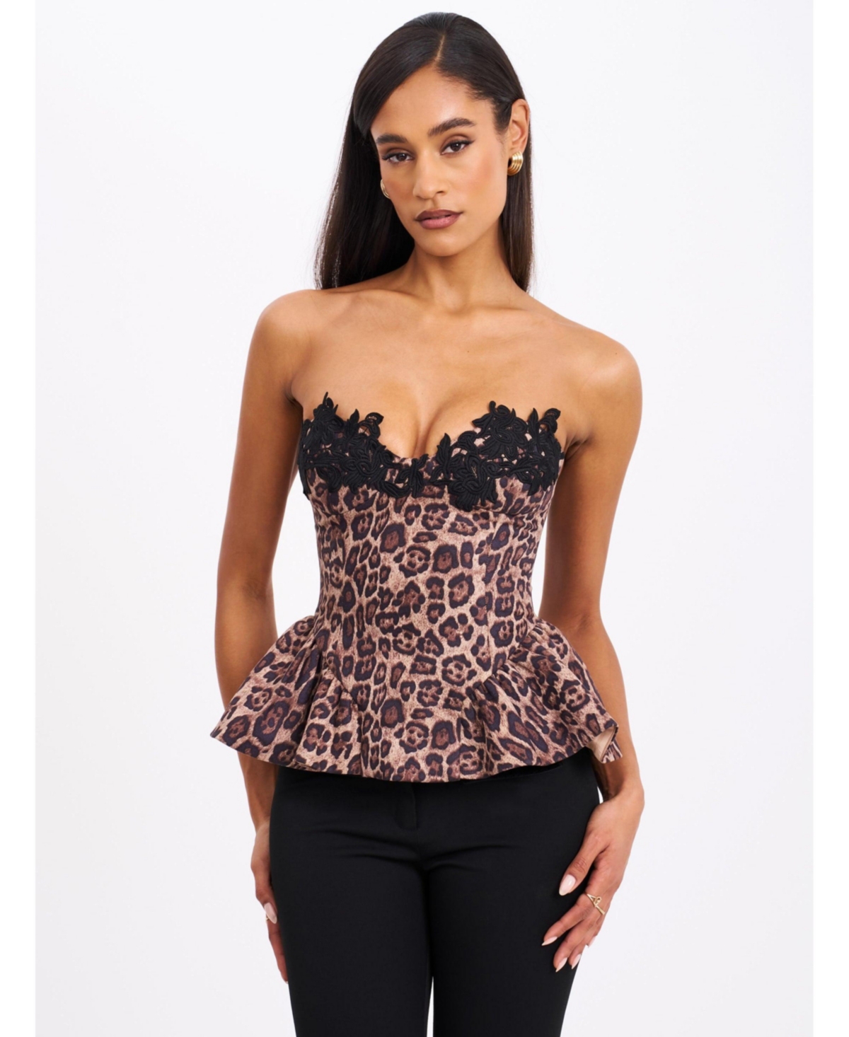 Miss Circle Women's Qiara Cheetah Print Peplum Top with Lace Trim