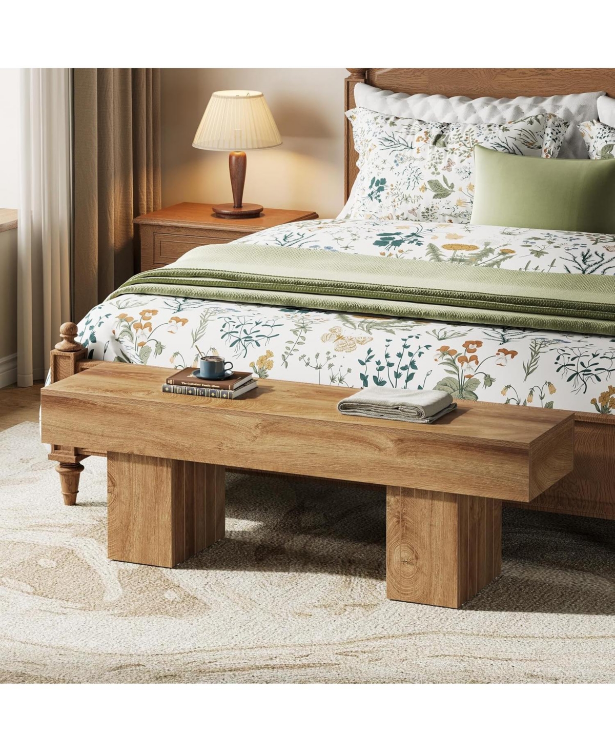 Tribesigns 55” Entryway Bench, Farmhouse Wood End of Bed Bench, Long Indoor Bench, Oak