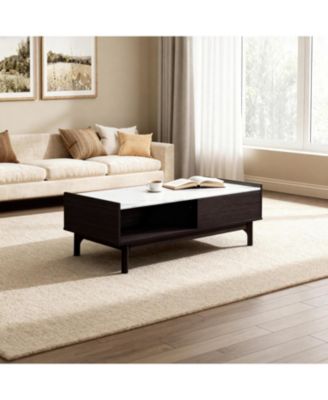 Modi Wenge Coffee Table with 1 Door, Open Storage & Raised Sides, Faux Marble Top, Manufactured Wood