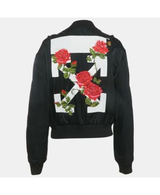 Women's Black Rose And Arrow Embroidered Satin Bomber Jacket