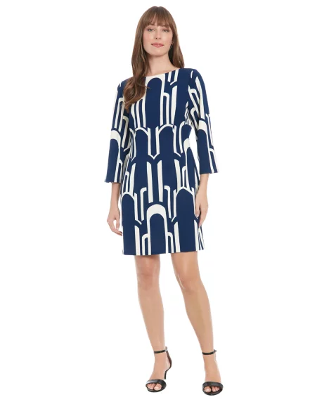 Petite Long-Sleeve Printed Shift Dress - Navy/ivory