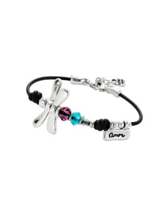 Leather Bracelet featuring a Dragonfly Plated in Sterling Silver and Multicolored Crystals