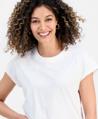 Petite Short-Sleeve Lace-Shoulder Tee