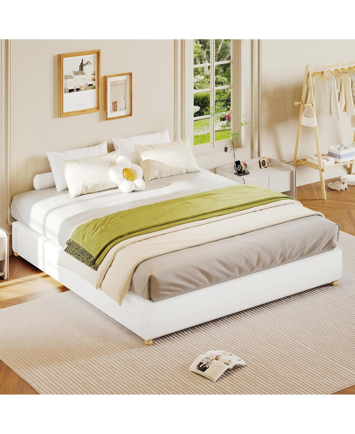 Gaomon Full Cloud Bed Frame – Corduroy Upholstered Low Platform, Solid Wood Legs, No Headboard