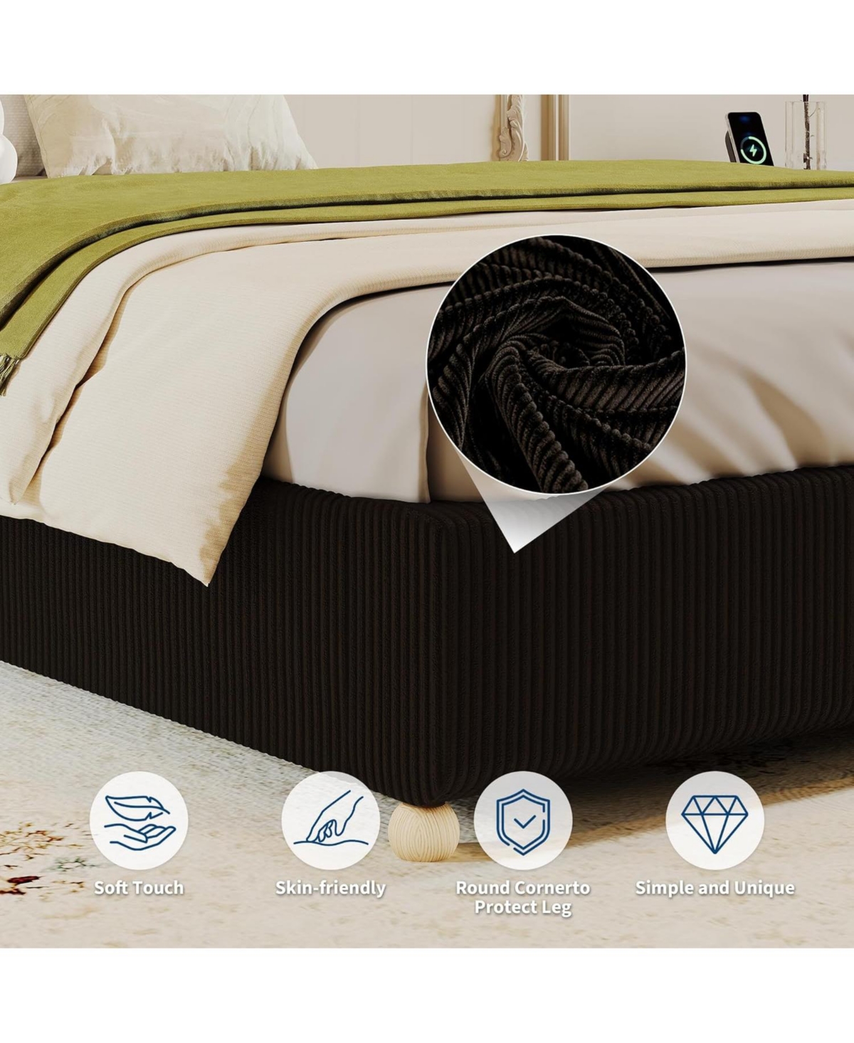 Gaomon Full Cloud Bed Frame – Corduroy Upholstered Low Platform, Solid Wood Legs, No Headboard