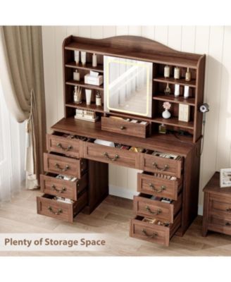 47 Inch Wide 8 Shelves Makeup Vanity Desk and Chair comes Mirror and Lights for Bedrooms, Apartments, Easy to Assemble