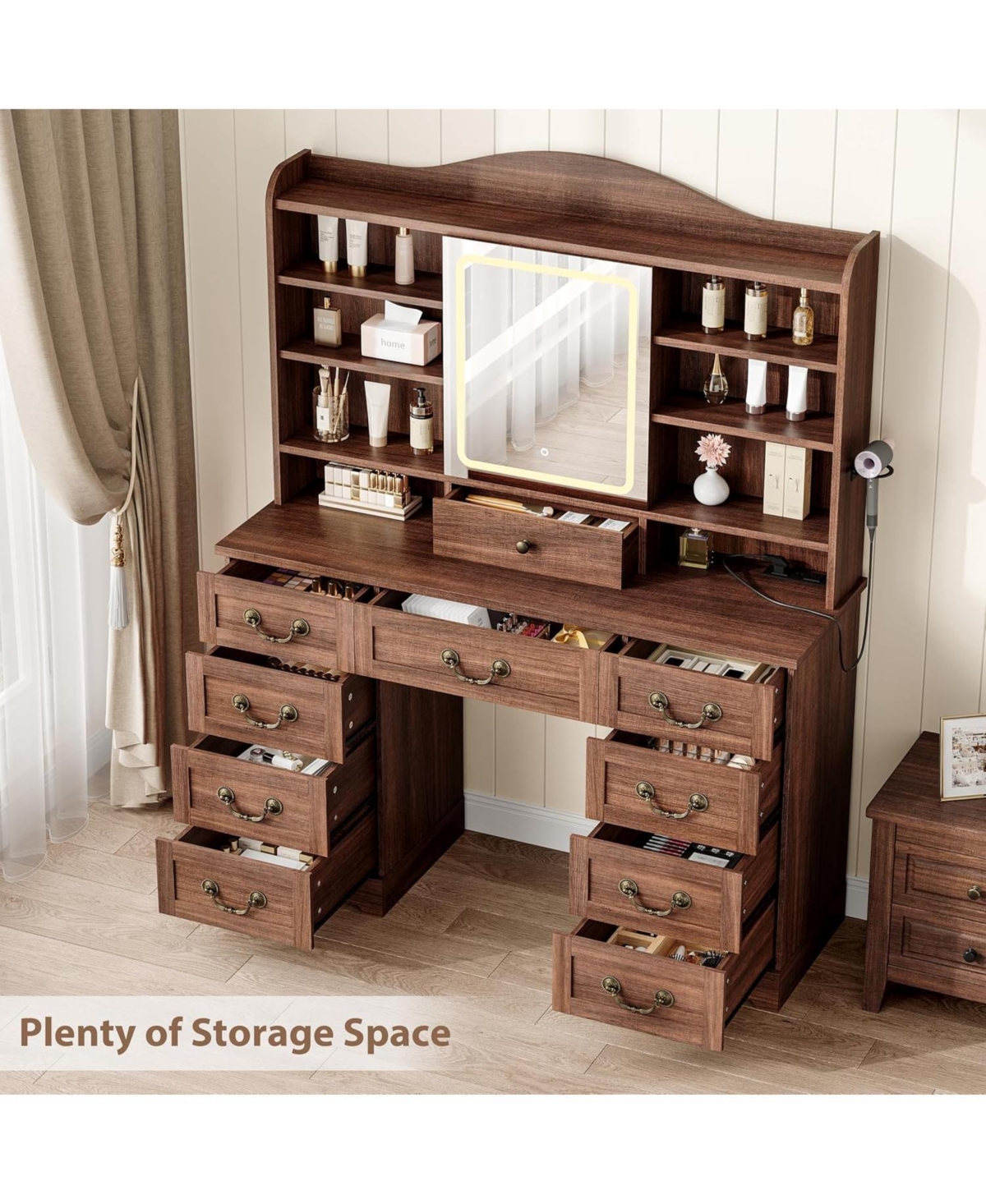 Gaomon 47 Inch Wide 8 Shelves Makeup Vanity Desk and Chair comes Mirror and Lights for Bedrooms, Apartments, Easy to Assemble