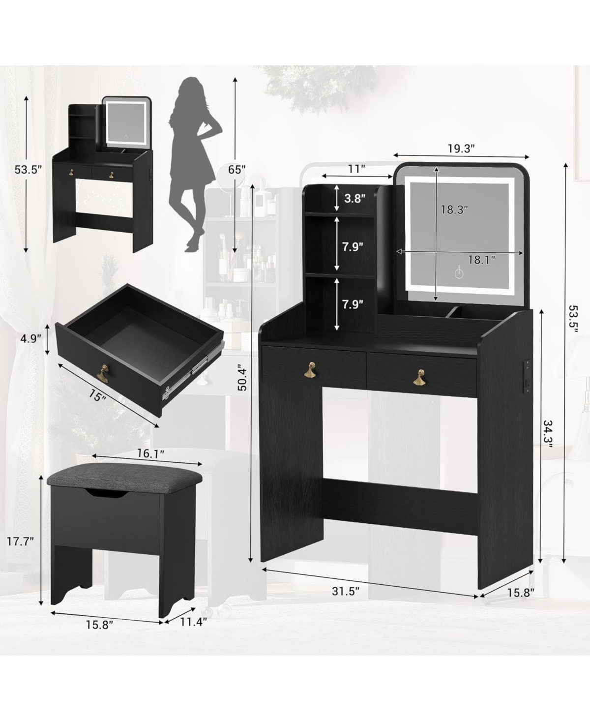 Gaomon Vanity Desk Led Light Mirror and Charging Station Small Makeup Vanities Set for Bedrooms, Apartments, Easy to Assemble