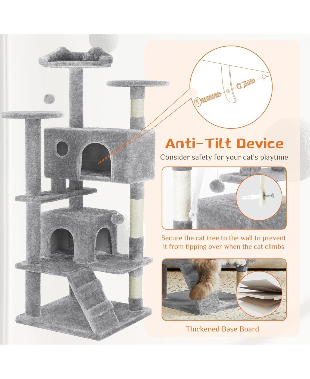 Zeus & Ruta 54" Light Grey Cat Tree Tower: Multi-Level, Sisal Post, Ladder, Plush Toys, Rest & Play