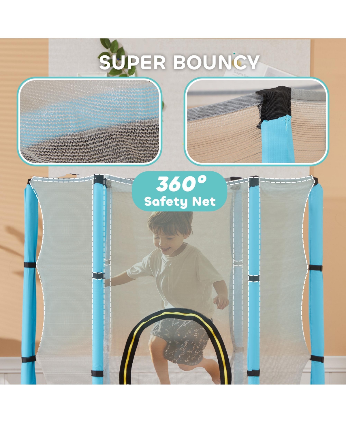Hongge Kids Indoor Trampoline 55 Inch with Enclosure Springless Elastic Design for Ages Three to Six