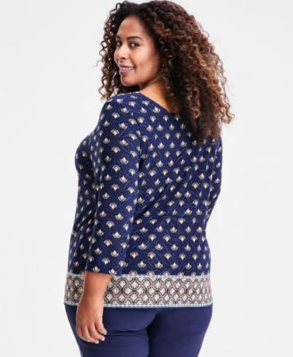 Plus Size Printed Jacquard 3/4-Sleeve Top