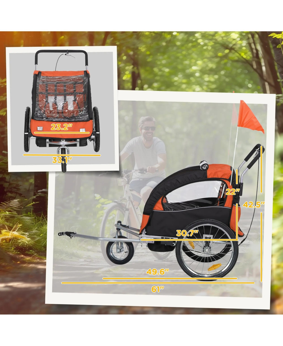 Kids Bicycle Trailer with Suspension and Canopy for Two Children Outdoor Riding