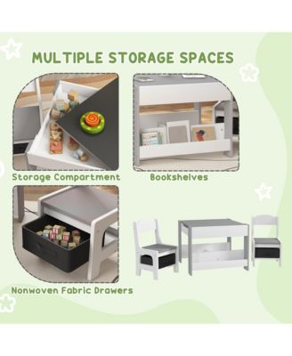 Kids Table and Chair Set with Reversible Top Storage and Bookshelf for Ages Three to Eight