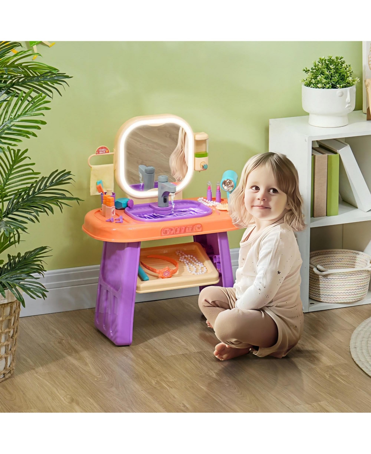 Hongge Kids Vanity Play Set with Led Mirror and Water Play Sink for Ages 3 to 6 Bedroom Pretend Play Furniture
