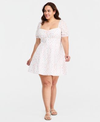 Trendy Plus Size Cotton Clip-Dot Puff-Sleeve Dress
