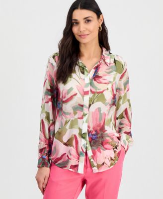Petite Printed Long-Sleeve Blouse