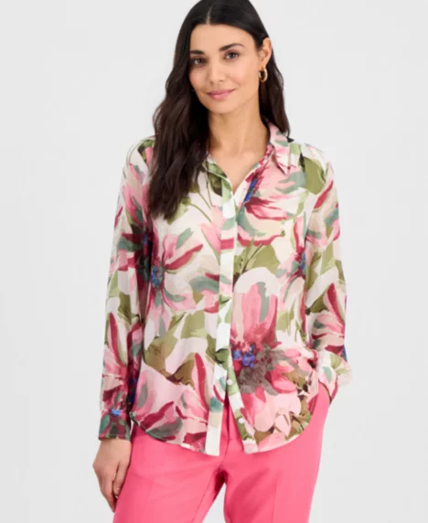 Petite Printed Long-Sleeve Blouse - Farrah Bouquet