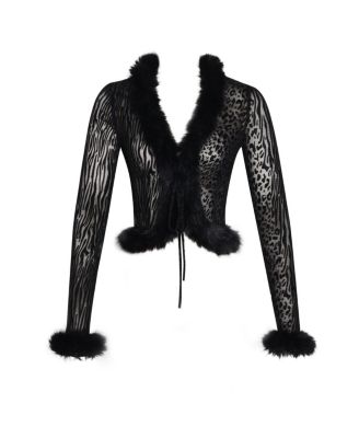 Women's Hali Black Animal Print Burnout Velvet Fur Trim Top