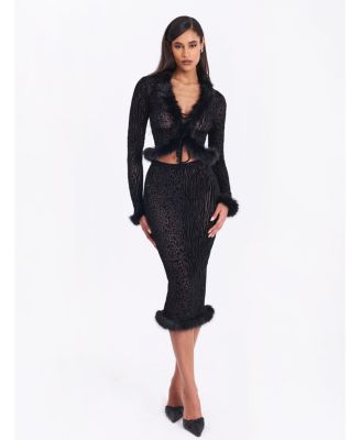 Women's Halia Black Animal Print Burnout Velvet Fur Trim Skirt