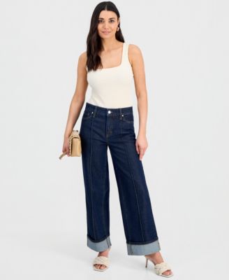 Petite High-Rise Pintuck Cuffed Wide-Leg Jeans