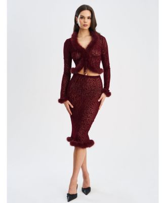 Women's Halia Burgundy Animal Print Burnout Velvet Fur Trim Skirt