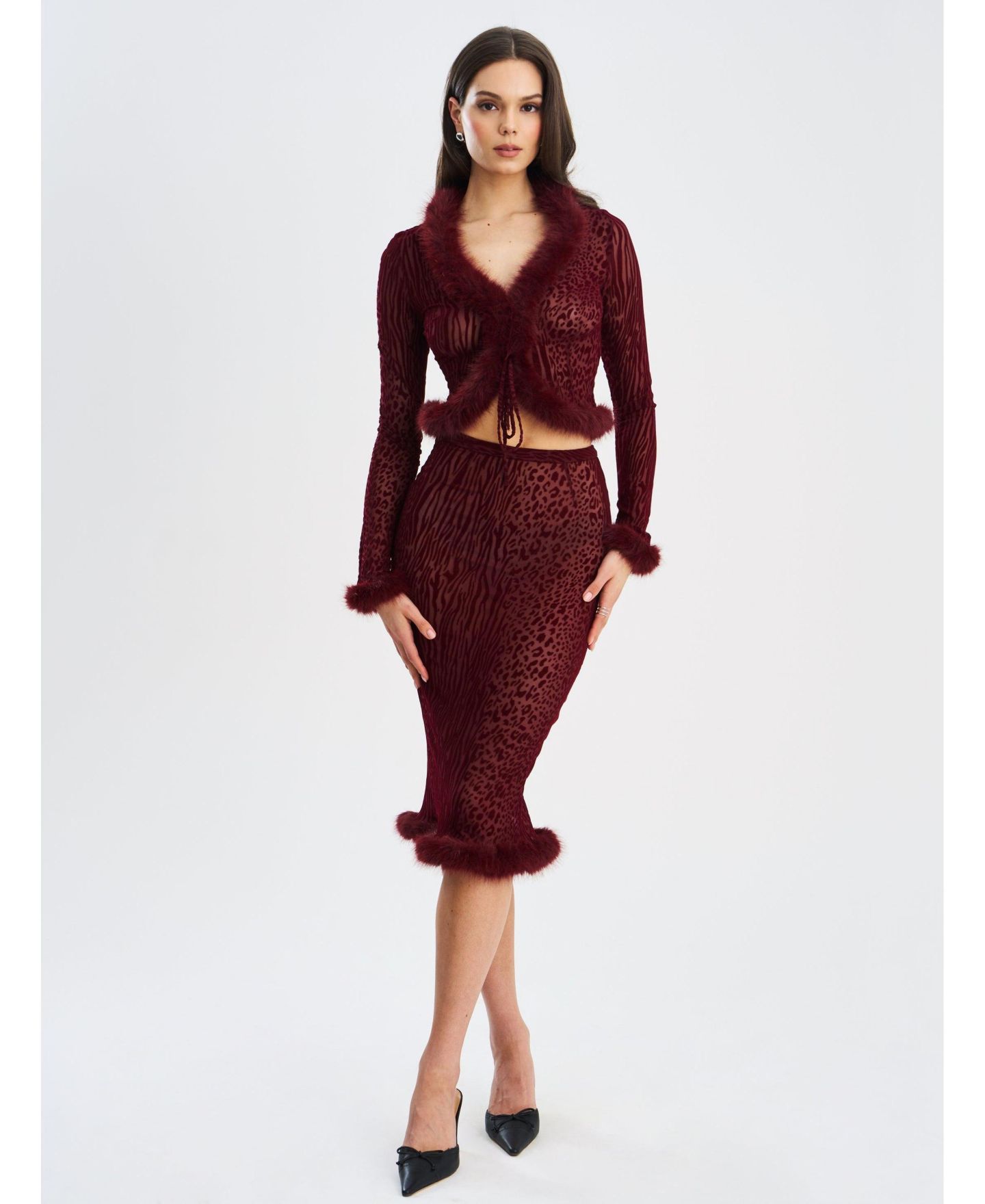 Женская юбка Miss Circle Halia Burgundy Animal Print Burnout Velvet Fur Trim — фото 5